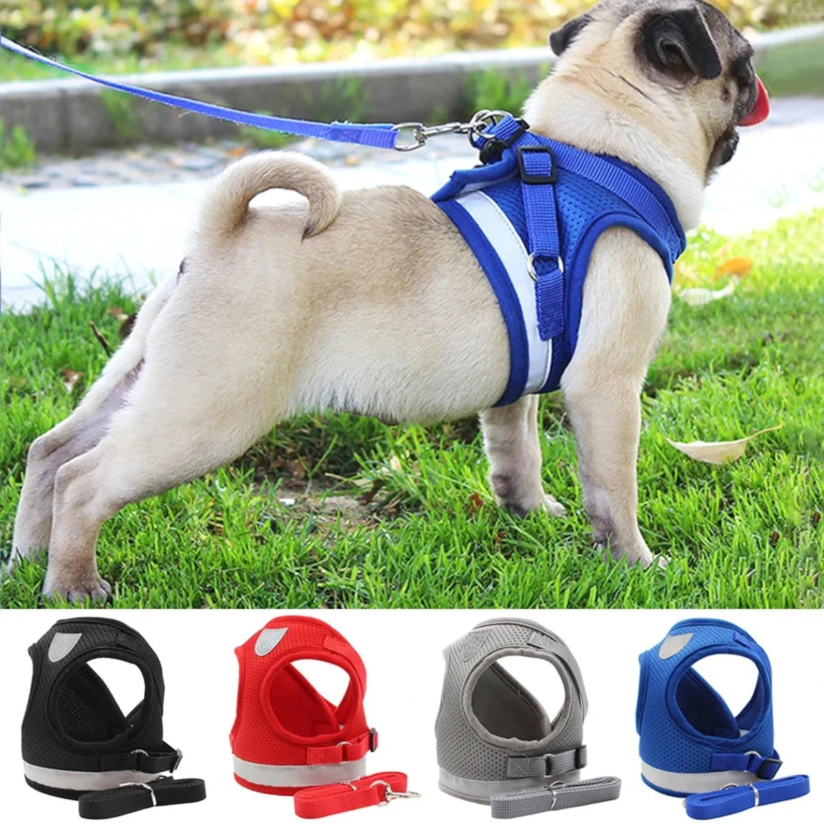 Reflective Adjustable Mesh Dog Harness Vest With Safety Leash