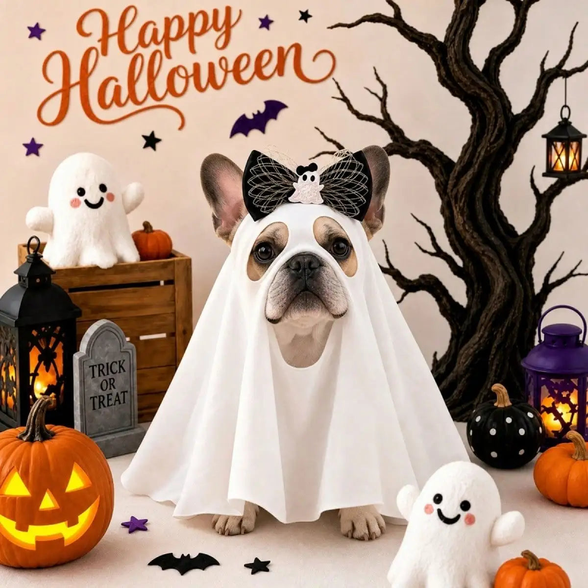 Funny Dog Halloween Ghost Costume With Bow Accessory For Pets