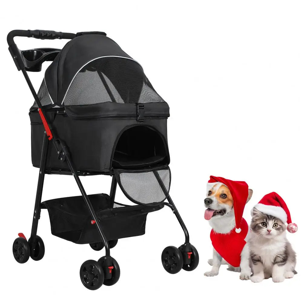 Four Wheeled Foldable Pet Stroller With Carrier Storage Basket