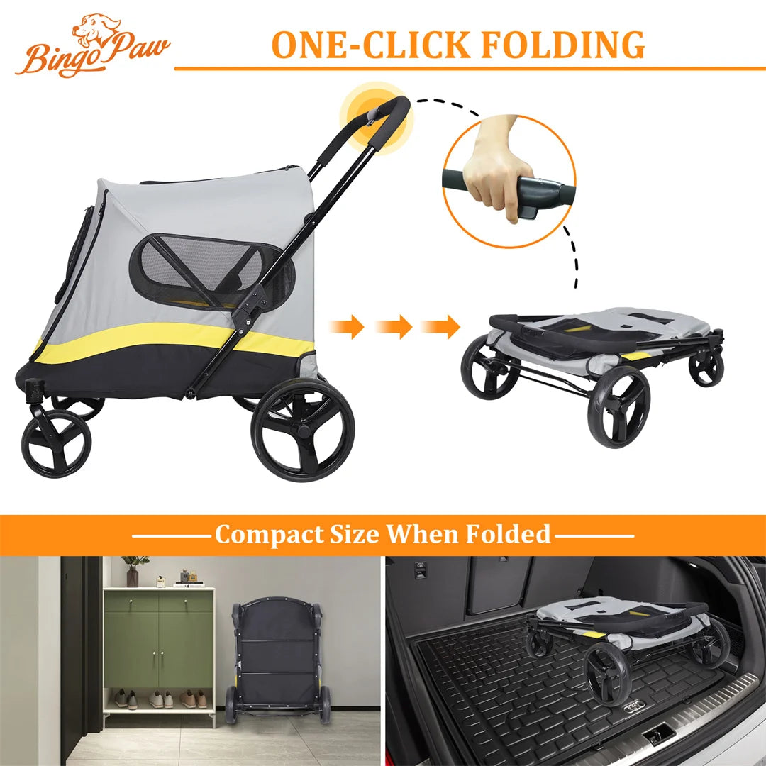 BingoPaw Foldable Dog Stroller with Rainproof Cover for Pet Travel