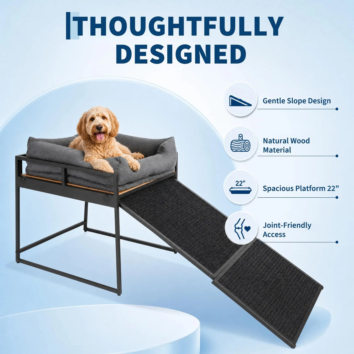 Elevated Dog Bed Platform With Cushioned Ramp And Sturdy Frame