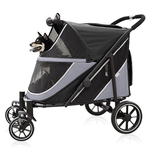Foldable Pet Stroller With Storage Basket And Shock Absorption For Dogs