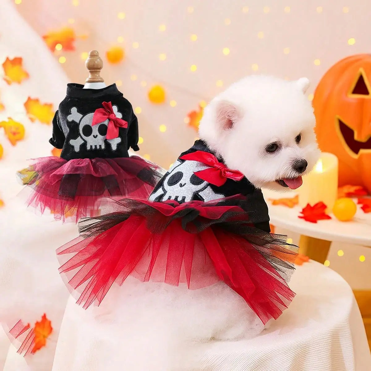 Decorative Bow Skull Pattern Tulle Halloween Pet Costume