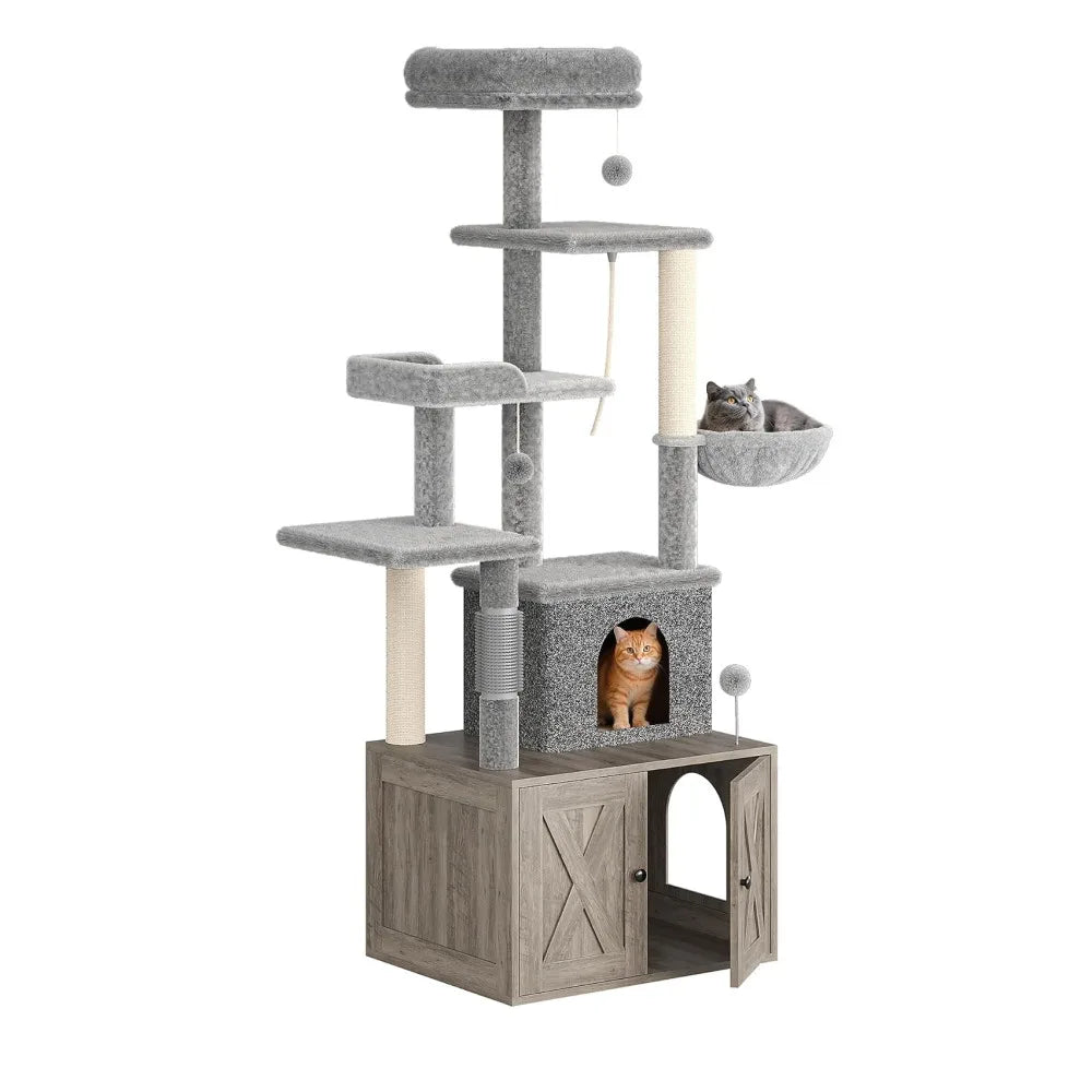 Modern Cat Tree Featuring Integrated Litter Box And Play Platforms