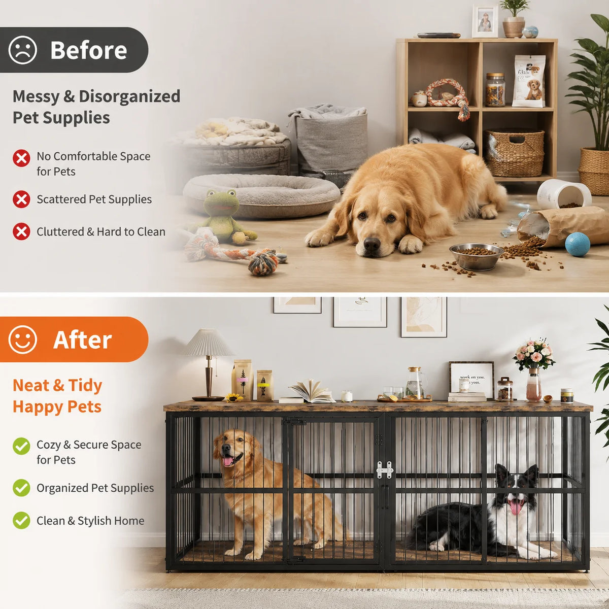 Wooden Indoor Dog Crate Cabinet With Divider And Storage