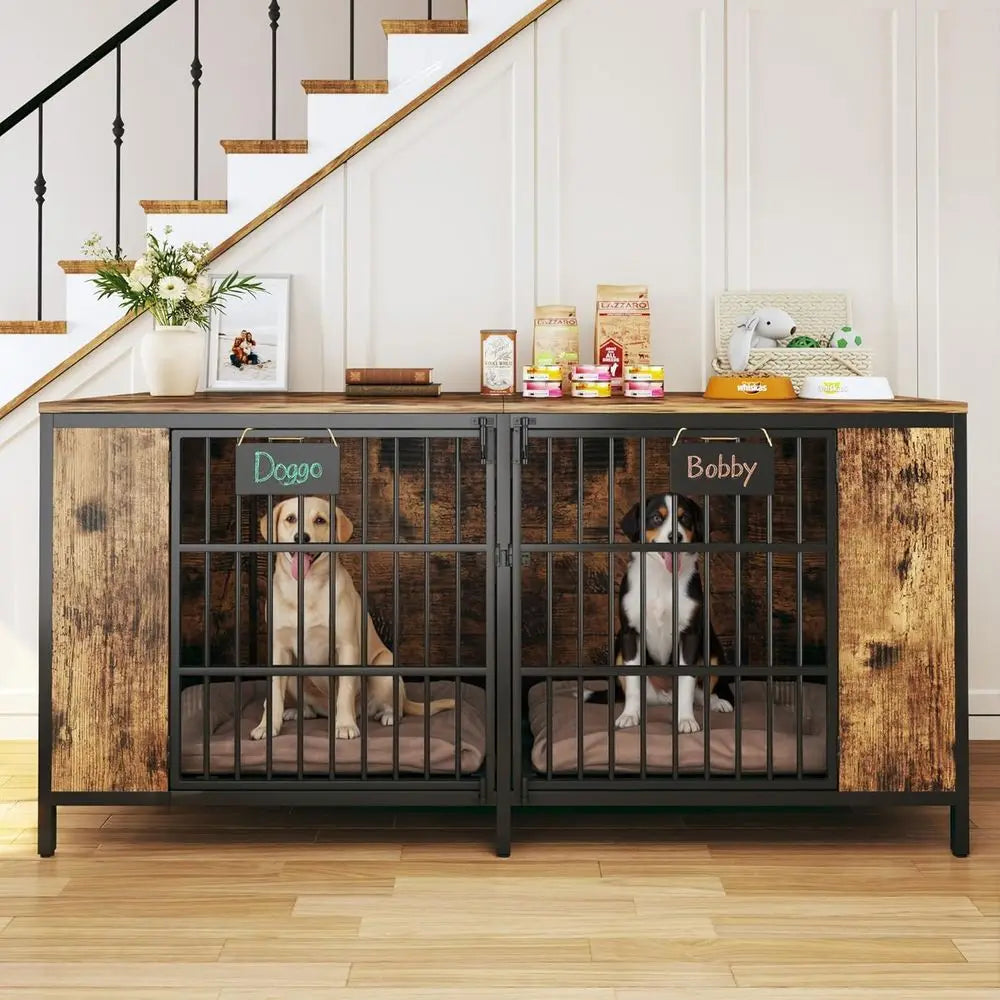Sturdy Metal And Wood Double Dog Kennel For Indoors