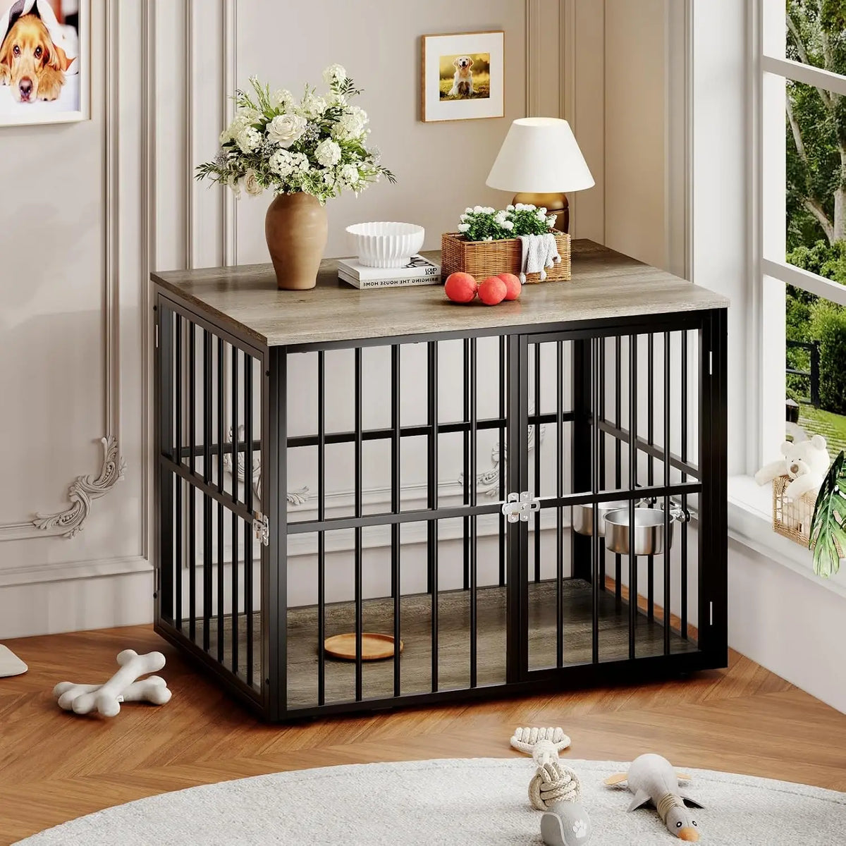 Anixol Wooden Dog Crate End Table With Lockable Double Doors