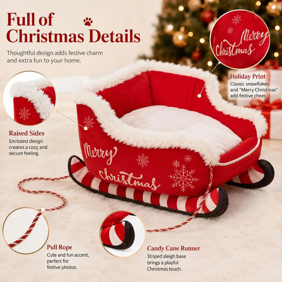 Christmas Sleigh Dog Bed with Raised Sides and Plush Comfort