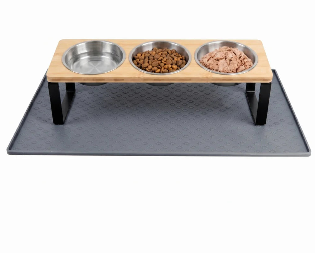 Elevated Stainless Steel Three Bowl Pet Feeder With Bamboo Base