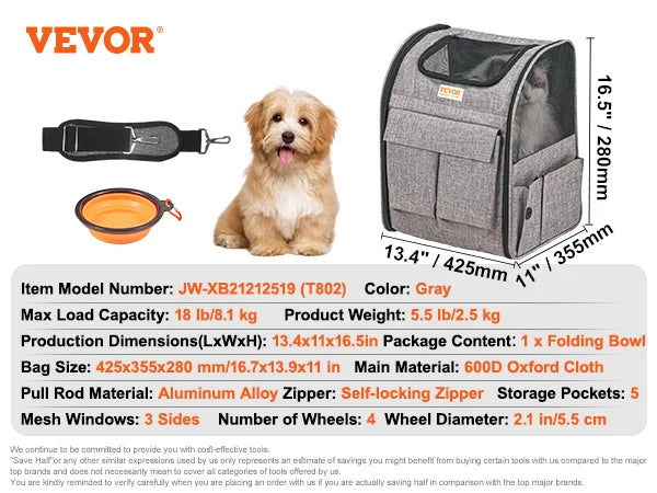 Breathable Pet Travel Backpack With Wheeled Handle And Shoulder Strap