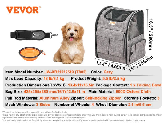 Breathable Pet Travel Backpack With Wheeled Handle And Shoulder Strap