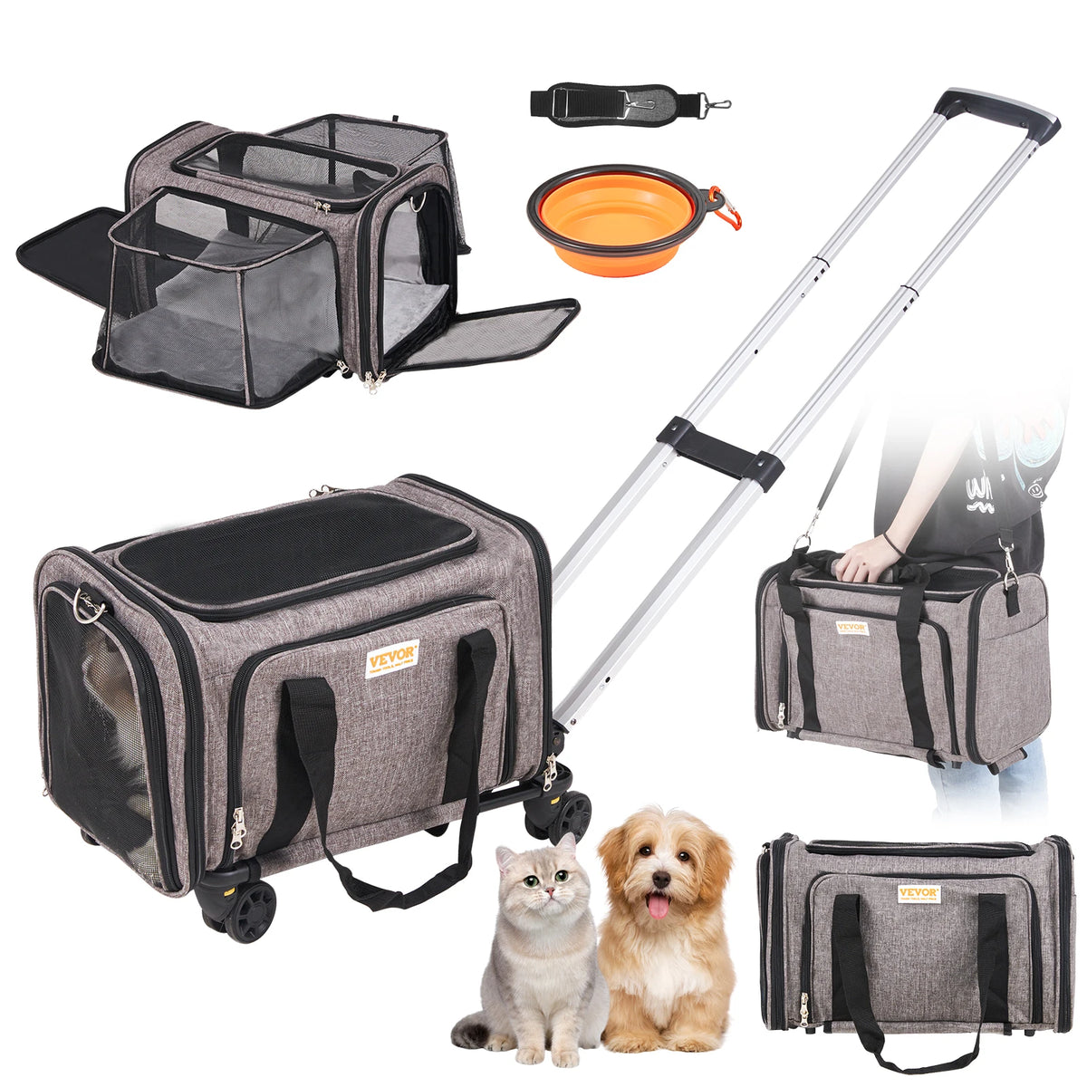 Breathable Pet Travel Backpack With Wheeled Handle And Shoulder Strap