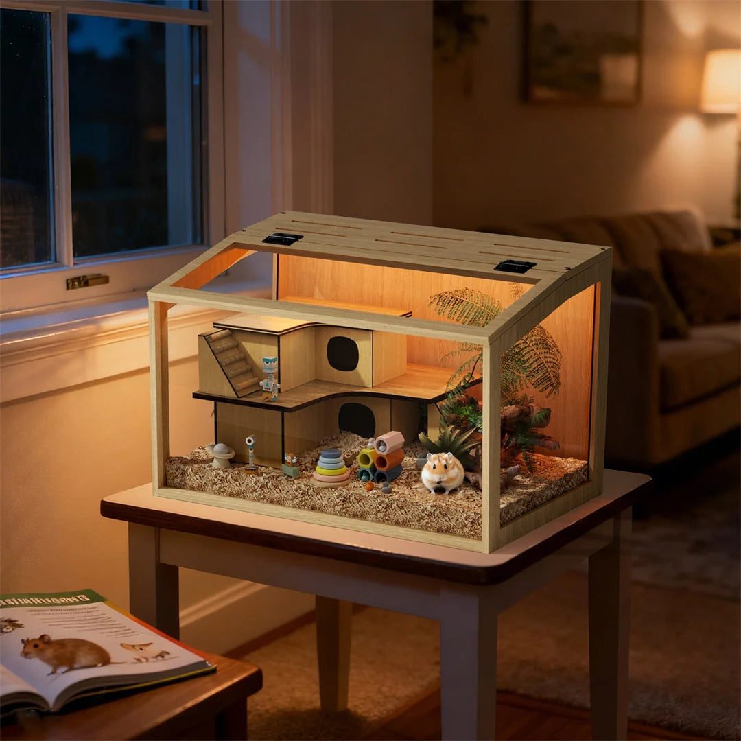 Chew Proof Wooden Hamster Cage With Glass And Led Lighting