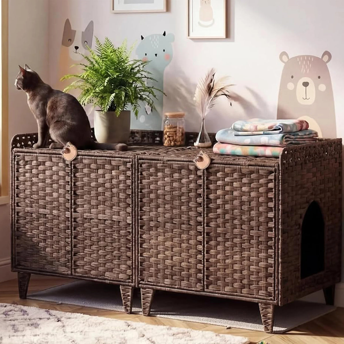 HiMISS Rattan Litter Box Enclosure, Hidden Furniture for Two Cats