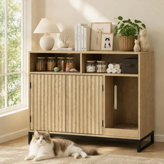 Modern Engineered Wood Cat Litter Box Enclosure With Scratching Pad