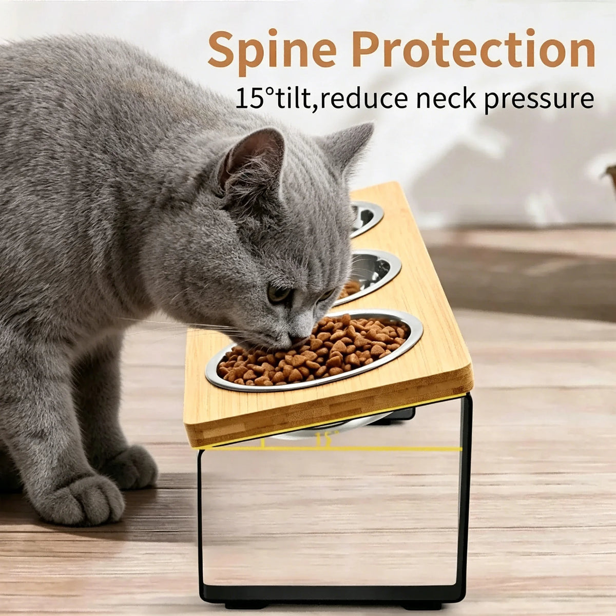 Elevated Stainless Steel Three Bowl Pet Feeder With Bamboo Base