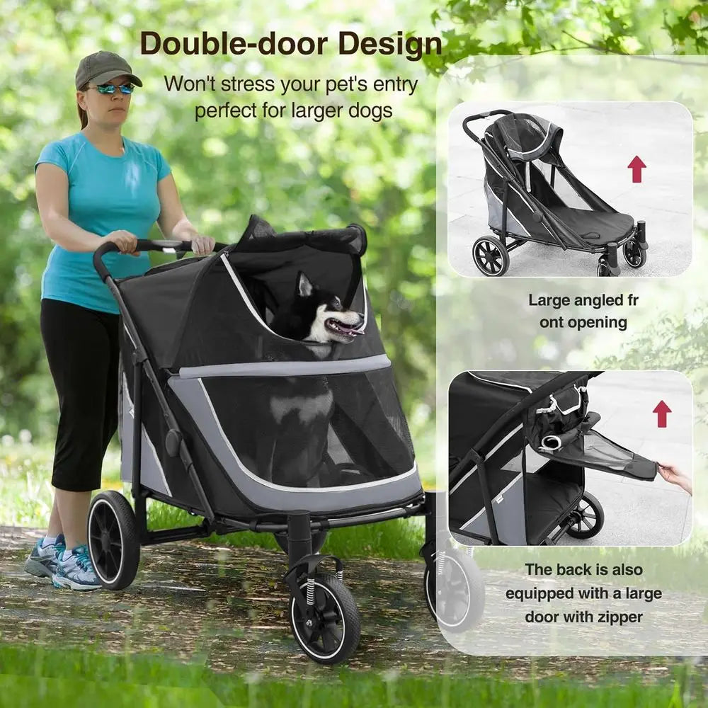 Foldable Pet Stroller With Storage Basket And Shock Absorption For Dogs