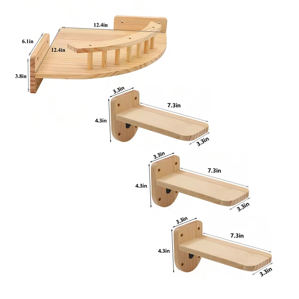 CWV Pine Wood Wall Mounted Indoor Cat Climbing Tree Shelf