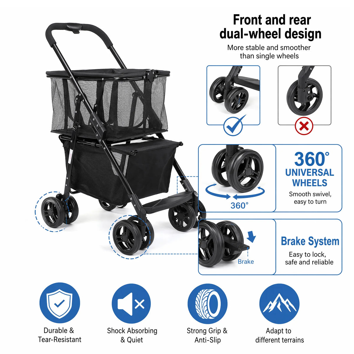 Heavy Duty Foldable Pet Stroller And Shopping Cart With Brakes