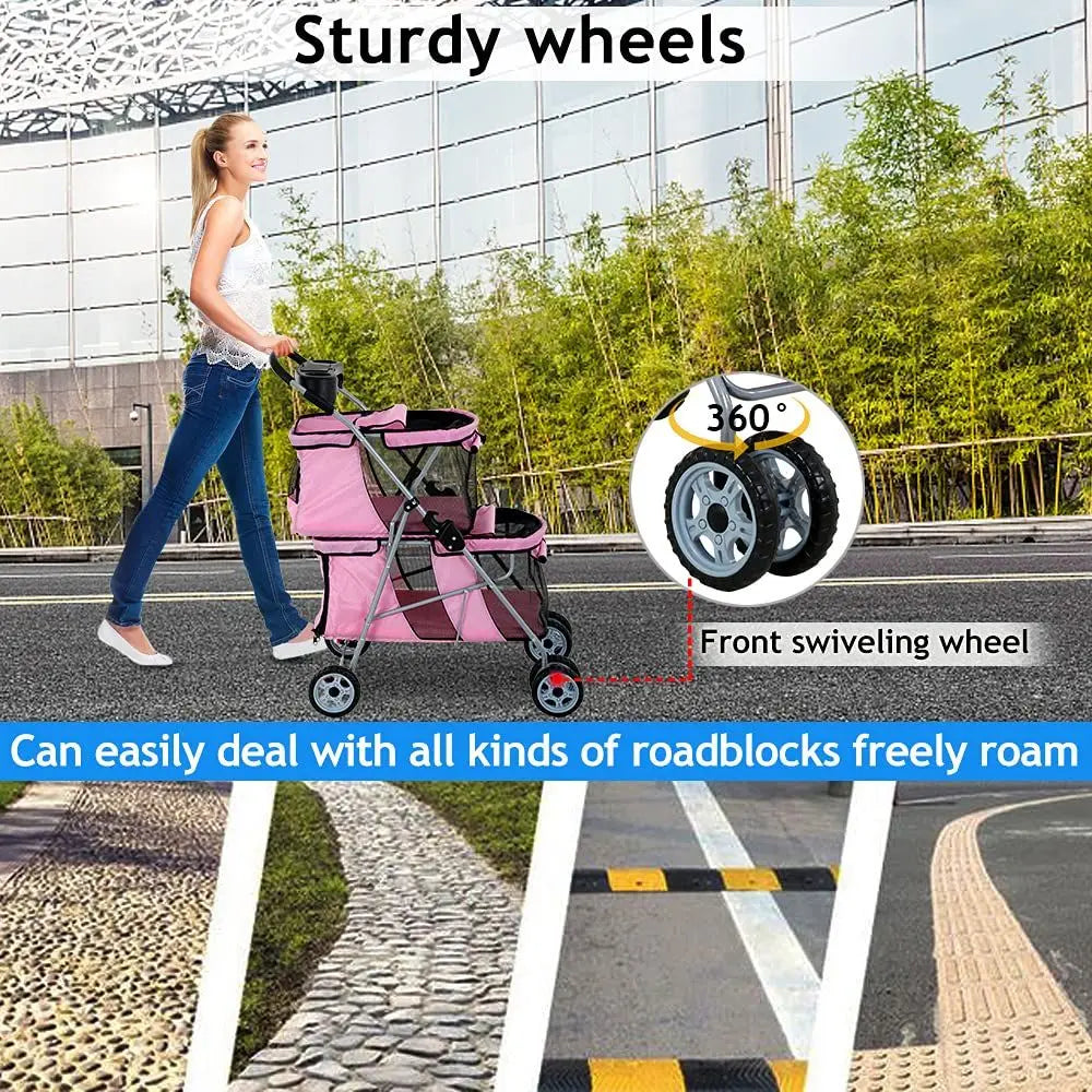 Versatile Double Pet Stroller With Folding Frame And Cup Holder