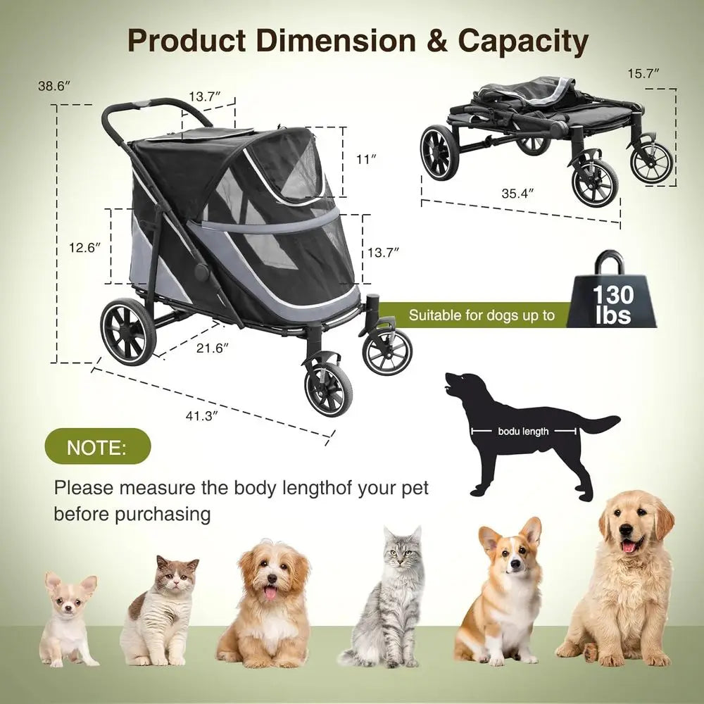 Foldable Pet Stroller With Storage Basket And Shock Absorption For Dogs