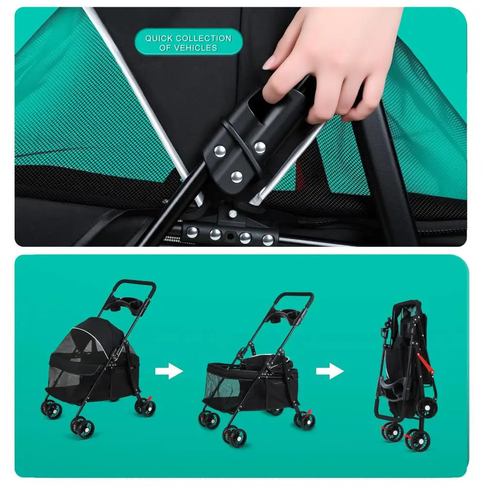 Foldable Pet Stroller With Breathable Mesh Panel For Convenient Travel