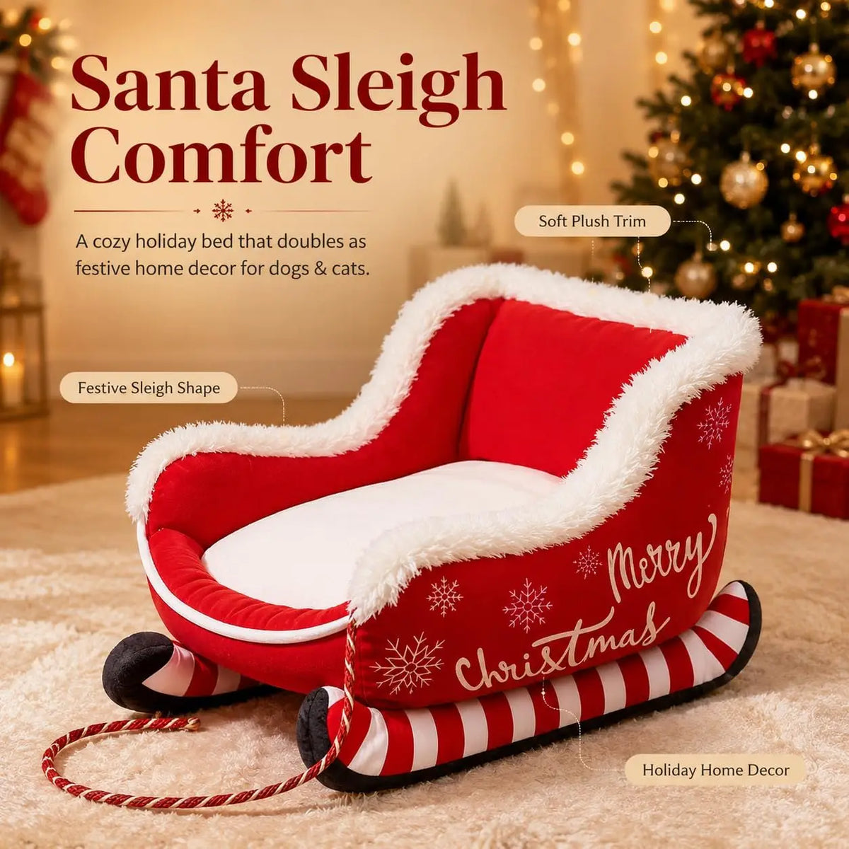Christmas Sleigh Dog Bed with Raised Sides and Plush Comfort