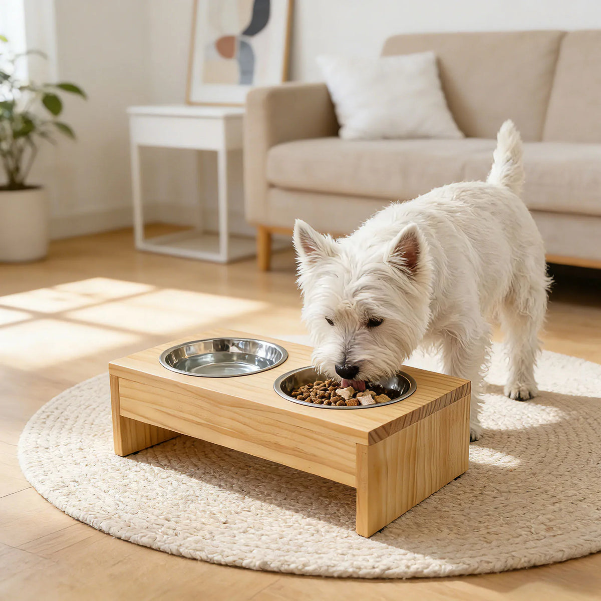 Elevated Wooden Dog Feeder Stand With Dual Stainless Bowls